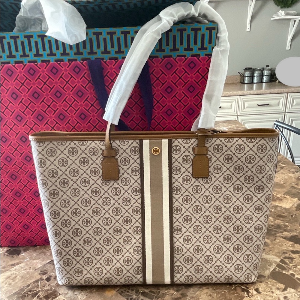 Tory Burch Beige and Brown Patterned Tote